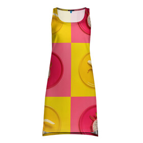 Платье-майка 3D с принтом фрукты шахматы в Кировске, 100% полиэстер | полуприлегающий силуэт, широкие бретели, круглый вырез горловины, удлиненный подол сзади. | 3d | банан | вкусняшки | еда | желтый | клетка | розовый | фрукты