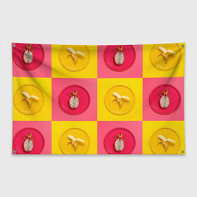 Флаг-баннер с принтом фрукты шахматы в Кировске, 100% полиэстер | размер 67 х 109 см, плотность ткани — 95 г/м2; по краям флага есть четыре люверса для крепления | 3d | банан | вкусняшки | еда | желтый | клетка | розовый | фрукты