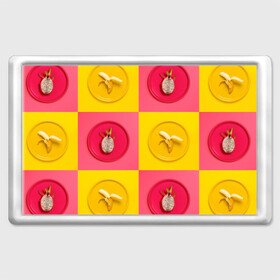 Магнит 45*70 с принтом фрукты шахматы в Кировске, Пластик | Размер: 78*52 мм; Размер печати: 70*45 | Тематика изображения на принте: 3d | банан | вкусняшки | еда | желтый | клетка | розовый | фрукты