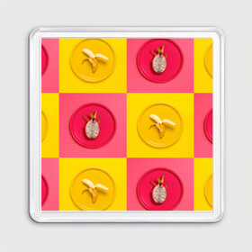 Магнит 55*55 с принтом фрукты шахматы в Кировске, Пластик | Размер: 65*65 мм; Размер печати: 55*55 мм | 3d | банан | вкусняшки | еда | желтый | клетка | розовый | фрукты