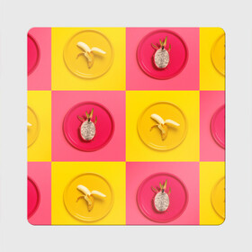 Магнит виниловый Квадрат с принтом фрукты шахматы в Кировске, полимерный материал с магнитным слоем | размер 9*9 см, закругленные углы | 3d | банан | вкусняшки | еда | желтый | клетка | розовый | фрукты