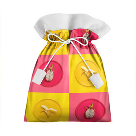Подарочный 3D мешок с принтом фрукты шахматы в Кировске, 100% полиэстер | Размер: 29*39 см | 3d | банан | вкусняшки | еда | желтый | клетка | розовый | фрукты