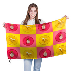 Флаг 3D с принтом фрукты шахматы в Кировске, 100% полиэстер | плотность ткани — 95 г/м2, размер — 67 х 109 см. Принт наносится с одной стороны | 3d | банан | вкусняшки | еда | желтый | клетка | розовый | фрукты