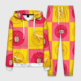 Мужской костюм 3D с принтом фрукты шахматы в Кировске, 100% полиэстер | Манжеты и пояс оформлены тканевой резинкой, двухслойный капюшон со шнурком для регулировки, карманы спереди | 3d | банан | вкусняшки | еда | желтый | клетка | розовый | фрукты