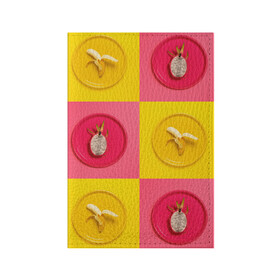 Обложка для паспорта матовая кожа с принтом фрукты шахматы в Кировске, натуральная матовая кожа | размер 19,3 х 13,7 см; прозрачные пластиковые крепления | 3d | банан | вкусняшки | еда | желтый | клетка | розовый | фрукты