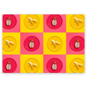 Поздравительная открытка с принтом фрукты шахматы в Кировске, 100% бумага | плотность бумаги 280 г/м2, матовая, на обратной стороне линовка и место для марки
 | 3d | банан | вкусняшки | еда | желтый | клетка | розовый | фрукты