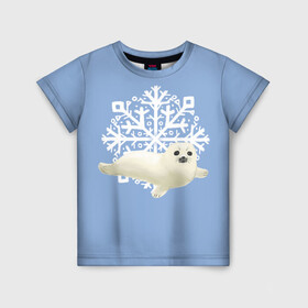 Детская футболка 3D с принтом Беляк в Кировске, 100% гипоаллергенный полиэфир | прямой крой, круглый вырез горловины, длина до линии бедер, чуть спущенное плечо, ткань немного тянется | белый | беляк | детёныш | зима | лазурно серый | милота | милый | синий | снег | снежинка | тюлень