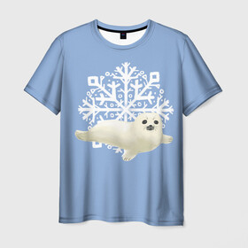 Мужская футболка 3D с принтом Беляк в Кировске, 100% полиэфир | прямой крой, круглый вырез горловины, длина до линии бедер | белый | беляк | детёныш | зима | лазурно серый | милота | милый | синий | снег | снежинка | тюлень
