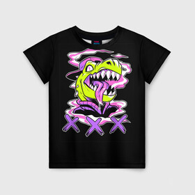 Детская футболка 3D с принтом Кислотный динозавр в Кировске, 100% гипоаллергенный полиэфир | прямой крой, круглый вырез горловины, длина до линии бедер, чуть спущенное плечо, ткань немного тянется | безумие | динозавр | животные | килоста | кислотный | рекс | тиранозавр | эйфория