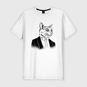 Мужская футболка хлопок Slim с принтом Сэр Кот Джентльмен в Кировске, 92% хлопок, 8% лайкра | приталенный силуэт, круглый вырез ворота, длина до линии бедра, короткий рукав | black cat | cat | cats | cute | gentleman | kawaii | kitten | kitty | pussycat | sir cat | в костюме | кавайи | котенок | коты | котята | кошка | люблю котов | пиджак | прикол | рисунок кота | черный кот | юмор