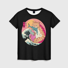 Женская футболка 3D с принтом CATZILLA в Кировске, 100% полиэфир ( синтетическое хлопкоподобное полотно) | прямой крой, круглый вырез горловины, длина до линии бедер | cat | cats | catzilla | godzilla | japan | kaiju | neko | ninja | retro | samurai | shark | wave | yakuza | акула | волна | годзилла | кайдзю | катана | кот | котенок | котзилла | коты | котэ | котята | кошка | неко | ниндзя | ретро | самурай | якудза