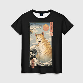 Женская футболка 3D с принтом CATZILLA в Кировске, 100% полиэфир ( синтетическое хлопкоподобное полотно) | прямой крой, круглый вырез горловины, длина до линии бедер | cat | cats | catzilla | godzilla | japan | kaiju | neko | ninja | retro | samurai | shark | wave | yakuza | акула | волна | годзилла | кайдзю | катана | кот | котенок | котзилла | коты | котэ | котята | кошка | неко | ниндзя | ретро | самурай | якудза