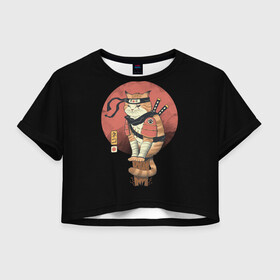 Женская футболка Crop-top 3D с принтом Кот Ниндзя в Кировске, 100% полиэстер | круглая горловина, длина футболки до линии талии, рукава с отворотами | cat | cats | japan | ninja | samurai | yakuza | катана | кот | котенок | коты | котэ | котята | кошка | ниндзя | самурай | якудза | япония