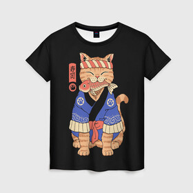 Женская футболка 3D с принтом Суши Мастер в Кировске, 100% полиэфир ( синтетическое хлопкоподобное полотно) | прямой крой, круглый вырез горловины, длина до линии бедер | cat | cats | japan | master | ninja | samurai | sushi | yakuza | катана | кот | котенок | коты | котэ | котята | кошка | мастер | ниндзя | самурай | суши | якудза | япония