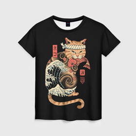 Женская футболка 3D с принтом Cat Wave в Кировске, 100% полиэфир ( синтетическое хлопкоподобное полотно) | прямой крой, круглый вырез горловины, длина до линии бедер | cat | cats | japan | ninja | samurai | shogun | wave | yakuza | волна | катана | кот | котенок | коты | котэ | котята | кошка | ниндзя | самурай | сёгун | якудза | япония