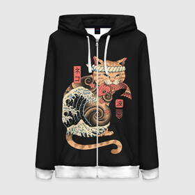 Женская толстовка 3D на молнии с принтом Cat Wave в Кировске, 100% полиэстер | длина до линии бедра, манжеты и пояс оформлены мягкой тканевой резинкой, двухслойный капюшон со шнурком для регулировки, спереди молния, по бокам два кармана | cat | cats | japan | ninja | samurai | shogun | wave | yakuza | волна | катана | кот | котенок | коты | котэ | котята | кошка | ниндзя | самурай | сёгун | якудза | япония