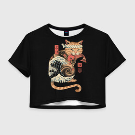 Женская футболка Crop-top 3D с принтом Cat Wave в Кировске, 100% полиэстер | круглая горловина, длина футболки до линии талии, рукава с отворотами | cat | cats | japan | ninja | samurai | shogun | wave | yakuza | волна | катана | кот | котенок | коты | котэ | котята | кошка | ниндзя | самурай | сёгун | якудза | япония