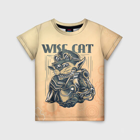 Детская футболка 3D с принтом Wise cat в Кировске, 100% гипоаллергенный полиэфир | прямой крой, круглый вырез горловины, длина до линии бедер, чуть спущенное плечо, ткань немного тянется | Тематика изображения на принте: steampunk | арт | графика | обои | плакат | постер | стимпанк