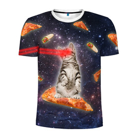 Мужская футболка 3D спортивная с принтом Котик в космосе в Кировске, 100% полиэстер с улучшенными характеристиками | приталенный силуэт, круглая горловина, широкие плечи, сужается к линии бедра | nyan cat | youtube | еда | космос | котик | мемы | пицца | психоделика | ютуб