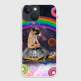 Чехол для iPhone 13 mini с принтом Мопс на черепахе в космосе в Кировске,  |  | космос | мемы | мопс | психоделика | собака | черепаха