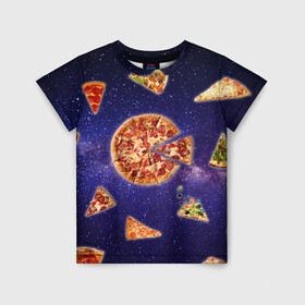 Детская футболка 3D с принтом Пицца в космосе в Кировске, 100% гипоаллергенный полиэфир | прямой крой, круглый вырез горловины, длина до линии бедер, чуть спущенное плечо, ткань немного тянется | meat | pizza | space | youtube | еда | космос | мемы | пицца | психоделика | ютуб