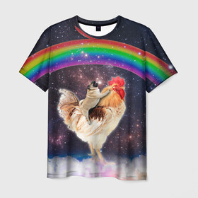 Мужская футболка 3D с принтом Мопс на курице в космосе в Кировске, 100% полиэфир | прямой крой, круглый вырез горловины, длина до линии бедер | mene | space | youtube | космос | курица | мемы | мопс | петух | психоделика | собака | ютуб