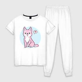 Женская пижама хлопок с принтом Хаски розовая в Кировске, 100% хлопок | брюки и футболка прямого кроя, без карманов, на брюках мягкая резинка на поясе и по низу штанин | animals | животное | зверь | пес | сердечко | собака | хаски | хаски милаха