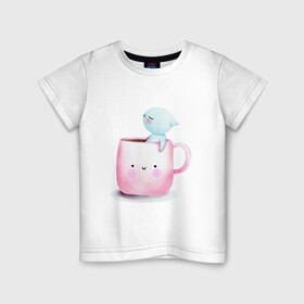 Детская футболка хлопок с принтом Котик в чашке в Кировске, 100% хлопок | круглый вырез горловины, полуприлегающий силуэт, длина до линии бедер | cat | акварельный котэ | кот в чашке | котенок