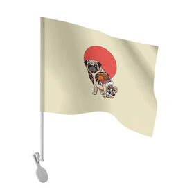 Флаг для автомобиля с принтом Мопс в Кировске, 100% полиэстер | Размер: 30*21 см | мопс | мопсик | мопсики | самурай | собака | солнце | тату | япония | японское