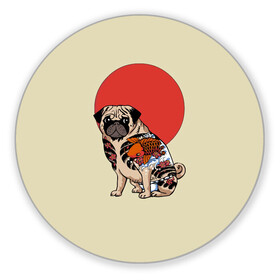 Коврик для мышки круглый с принтом Мопс в Кировске, резина и полиэстер | круглая форма, изображение наносится на всю лицевую часть | мопс | мопсик | мопсики | самурай | собака | солнце | тату | япония | японское