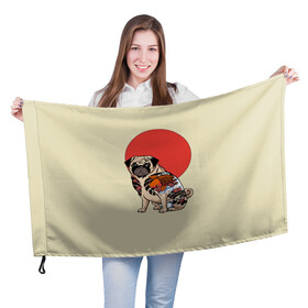 Флаг 3D с принтом Мопс в Кировске, 100% полиэстер | плотность ткани — 95 г/м2, размер — 67 х 109 см. Принт наносится с одной стороны | мопс | мопсик | мопсики | самурай | собака | солнце | тату | япония | японское