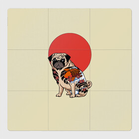 Магнитный плакат 3Х3 с принтом Мопс в Кировске, Полимерный материал с магнитным слоем | 9 деталей размером 9*9 см | мопс | мопсик | мопсики | самурай | собака | солнце | тату | япония | японское
