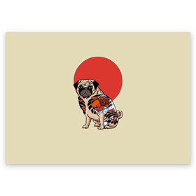 Поздравительная открытка с принтом Мопс в Кировске, 100% бумага | плотность бумаги 280 г/м2, матовая, на обратной стороне линовка и место для марки
 | Тематика изображения на принте: мопс | мопсик | мопсики | самурай | собака | солнце | тату | япония | японское