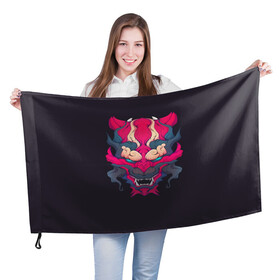 Флаг 3D с принтом Японский дьявол в Кировске, 100% полиэстер | плотность ткани — 95 г/м2, размер — 67 х 109 см. Принт наносится с одной стороны | дьявол | закат | иньйань | иньянь | катана | катаны | самураи | самурай | япония | японское