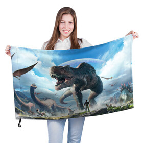 Флаг 3D с принтом Ark Survival Evolved в Кировске, 100% полиэстер | плотность ткани — 95 г/м2, размер — 67 х 109 см. Принт наносится с одной стороны | ark | ark survival | dino | t rex | арк | арк сурвайвал | дино | динозавр | динозавры | спинозавр | тираннозавр