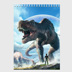 Скетчбук с принтом Ark Survival Evolved в Кировске, 100% бумага
 | 48 листов, плотность листов — 100 г/м2, плотность картонной обложки — 250 г/м2. Листы скреплены сверху удобной пружинной спиралью | Тематика изображения на принте: ark | ark survival | dino | t rex | арк | арк сурвайвал | дино | динозавр | динозавры | спинозавр | тираннозавр
