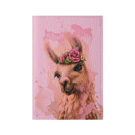 Обложка для паспорта матовая кожа с принтом лама с цветами в Кировске, натуральная матовая кожа | размер 19,3 х 13,7 см; прозрачные пластиковые крепления | Тематика изображения на принте: llama | альпака | животные | лама