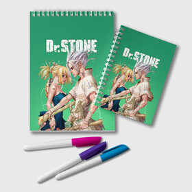 Блокнот с принтом Dr Stone в Кировске, 100% бумага | 48 листов, плотность листов — 60 г/м2, плотность картонной обложки — 250 г/м2. Листы скреплены удобной пружинной спиралью. Цвет линий — светло-серый
 | Тематика изображения на принте: dr. stone | kohaku | senku | taiju | доктор стоун | исигами сэнку | кохаку | сэнку | тайдзю | цукаса