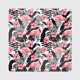 Магнит виниловый Квадрат с принтом фламинго и попугаи в Кировске, полимерный материал с магнитным слоем | размер 9*9 см, закругленные углы | Тематика изображения на принте: птицы | тропики | фламинго