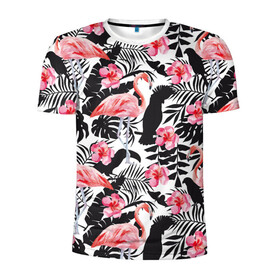 Мужская футболка 3D спортивная с принтом фламинго и попугаи в Кировске, 100% полиэстер с улучшенными характеристиками | приталенный силуэт, круглая горловина, широкие плечи, сужается к линии бедра | птицы | тропики | фламинго