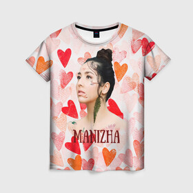 Женская футболка 3D с принтом Manizha на фоне сердечек в Кировске, 100% полиэфир ( синтетическое хлопкоподобное полотно) | прямой крой, круглый вырез горловины, длина до линии бедер | manizha | далеровна | душанбе | евровидение | евровидение 2021 | манижа | певица | таджикистан | хамраева