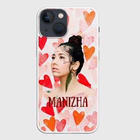 Чехол для iPhone 13 mini с принтом Manizha на фоне сердечек в Кировске,  |  | Тематика изображения на принте: manizha | далеровна | душанбе | евровидение | евровидение 2021 | манижа | певица | таджикистан | хамраева