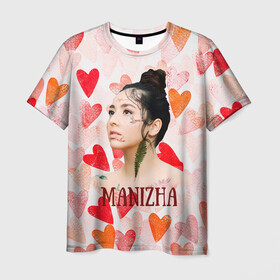 Мужская футболка 3D с принтом Manizha на фоне сердечек в Кировске, 100% полиэфир | прямой крой, круглый вырез горловины, длина до линии бедер | manizha | далеровна | душанбе | евровидение | евровидение 2021 | манижа | певица | таджикистан | хамраева