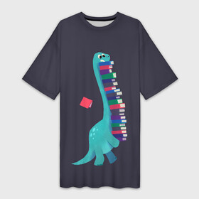 Платье-футболка 3D с принтом Book Dinosaur в Кировске,  |  | barosaurus | book | books | dino | dinosaur | knowledge | study | барозавр | знания | книга | книги | книжный