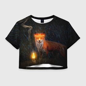 Женская футболка Crop-top 3D с принтом Лиса с огненной короной в Кировске, 100% полиэстер | круглая горловина, длина футболки до линии талии, рукава с отворотами | fox | foxy | животное | звери | лиса | лисенок | лисичка | милая | рыжая | фокс
