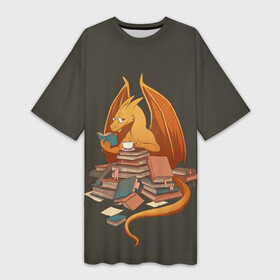 Платье-футболка 3D с принтом Book Dragon в Кировске,  |  | book | books | dragon | knowledge | professor | study | tea | wyvern | виверна | дракон | знания | книга | книги | книжный | профессор | чай