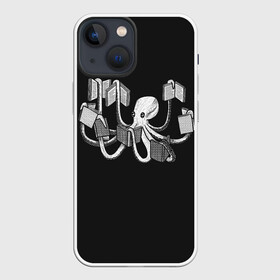 Чехол для iPhone 13 mini с принтом Octopus Book в Кировске,  |  | black | book | books | dual | knowledge | octopus | study | white | белое | знания | книга | книги | книжный | осьминог | черно белое | черное