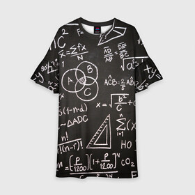 Детское платье 3D с принтом Математические уравнения в Кировске, 100% полиэстер | прямой силуэт, чуть расширенный к низу. Круглая горловина, на рукавах — воланы | Тематика изображения на принте: математика | примеры | уравнение | формулы | школа | школьная доска