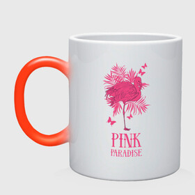Кружка хамелеон с принтом pink paradise в Кировске, керамика | меняет цвет при нагревании, емкость 330 мл | flamingo | птицы | розовый | фламинго