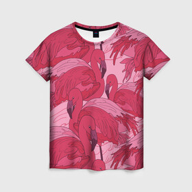 Женская футболка 3D с принтом розовые фламинго в Кировске, 100% полиэфир ( синтетическое хлопкоподобное полотно) | прямой крой, круглый вырез горловины, длина до линии бедер | flamingo | птицы | розовый | фламинго